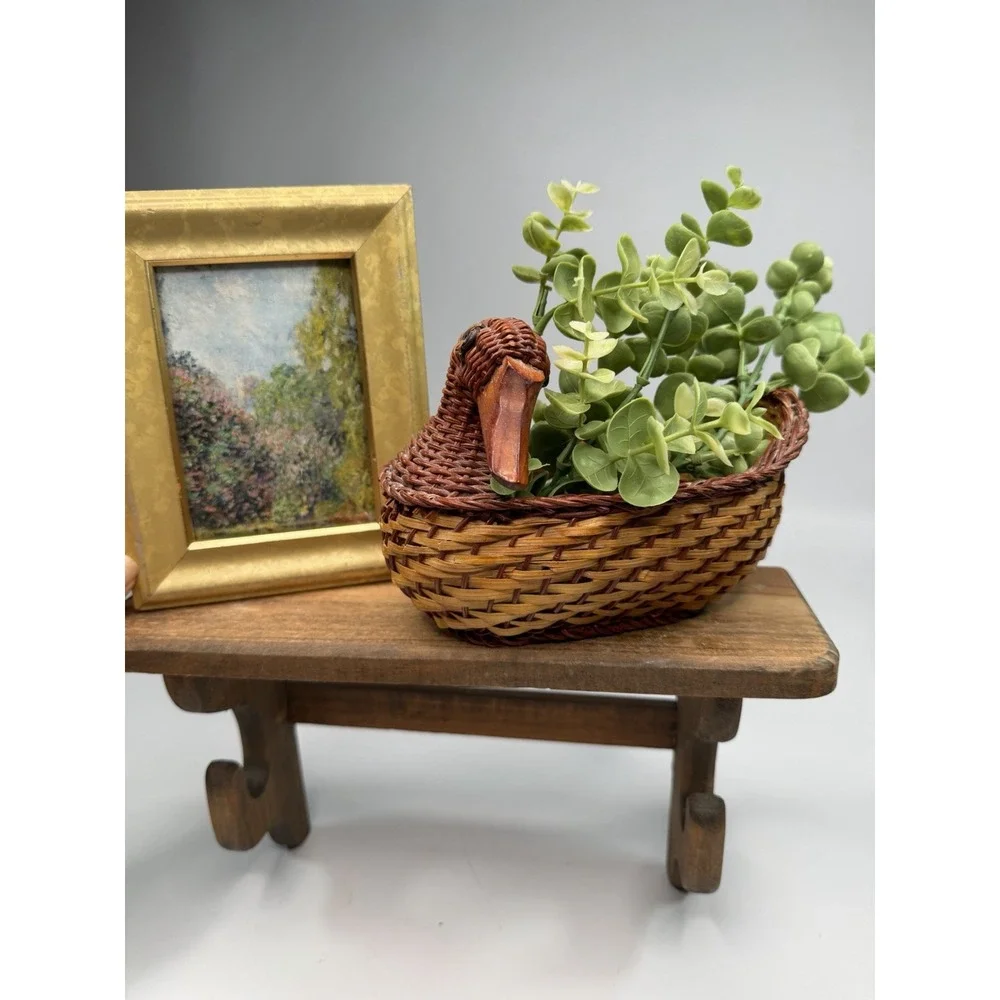 Vintage Cottage Decor Set Wooden Stand Duck Basket Faux Greenery Framed Art